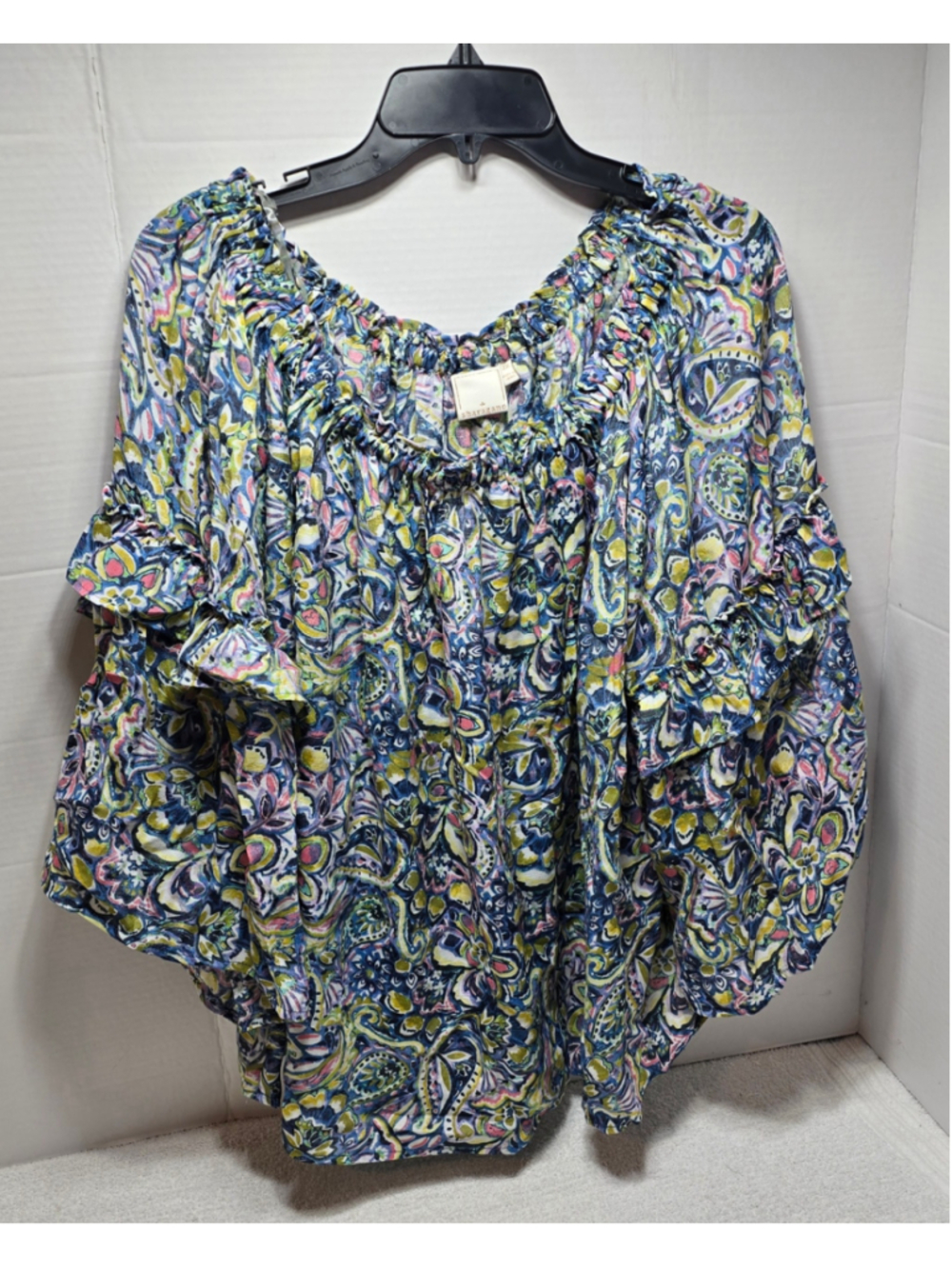 Women's Sharagano Blouse 2X Blue Green Paisley Ruffle Sleeve Top